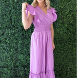 Ruffle Sleeve V-Neck Midi Dress