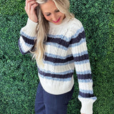 Crewneck Striped Cable Knit Sweater