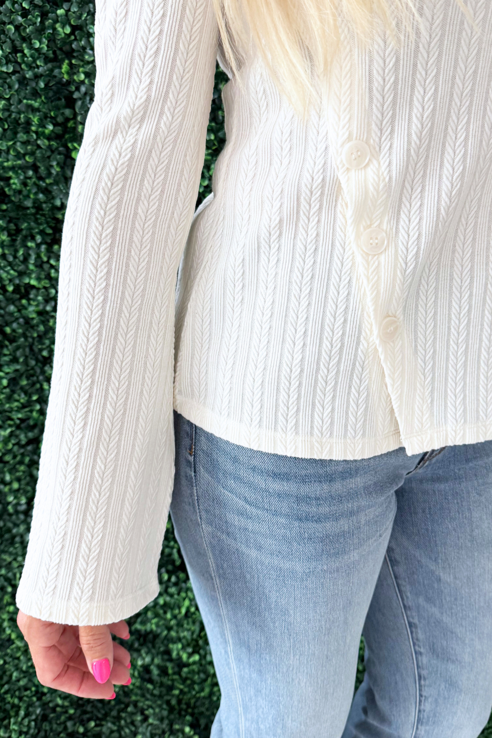 Long Sleeve Boat Neck Knit Top w/ Asymmetrical Button Placket