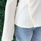 Long Sleeve Boat Neck Knit Top w/ Asymmetrical Button Placket