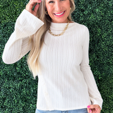Long Sleeve Boat Neck Knit Top w/ Asymmetrical Button Placket