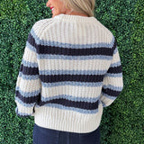 Crewneck Striped Cable Knit Sweater