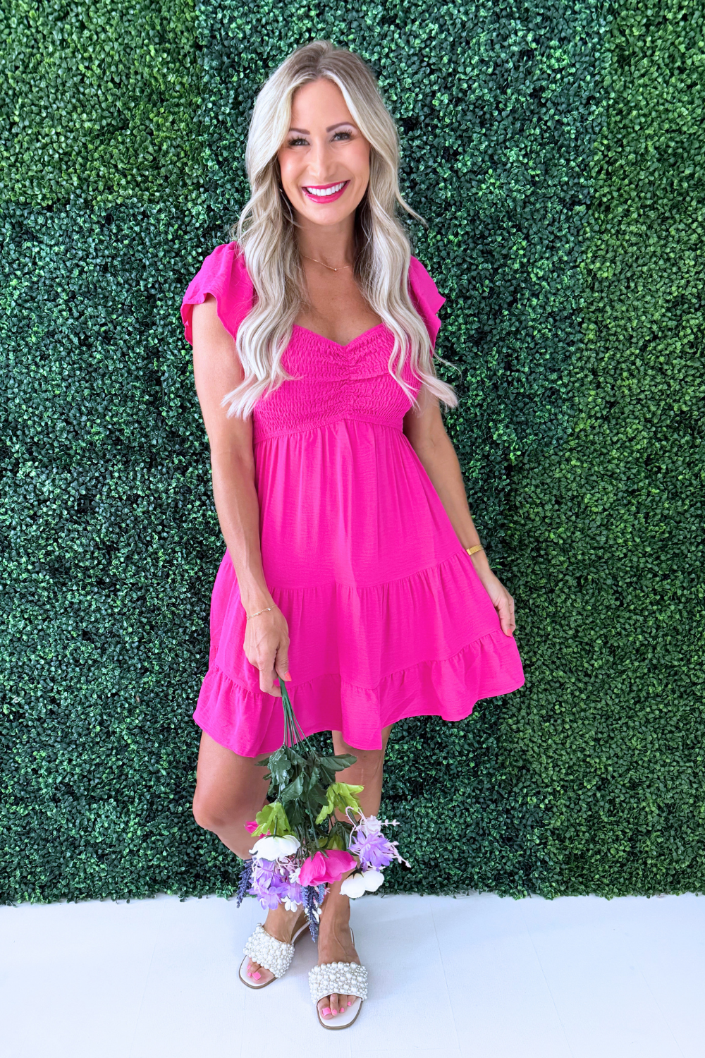 Flutter Sleeve Smock Tiered Sweetheart Woven Dress