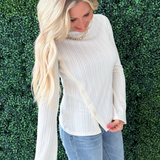 Long Sleeve Boat Neck Knit Top w/ Asymmetrical Button Placket