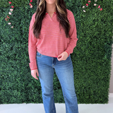 Striped Collared V Neck Long Sleeve Top