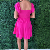 Flutter Sleeve Smock Tiered Sweetheart Woven Dress