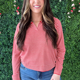 Striped Collared V Neck Long Sleeve Top