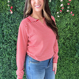 Striped Collared V Neck Long Sleeve Top