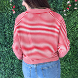 Striped Collared V Neck Long Sleeve Top