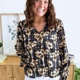 Long Sleeve Button Front Woven Top w/ Smocking
