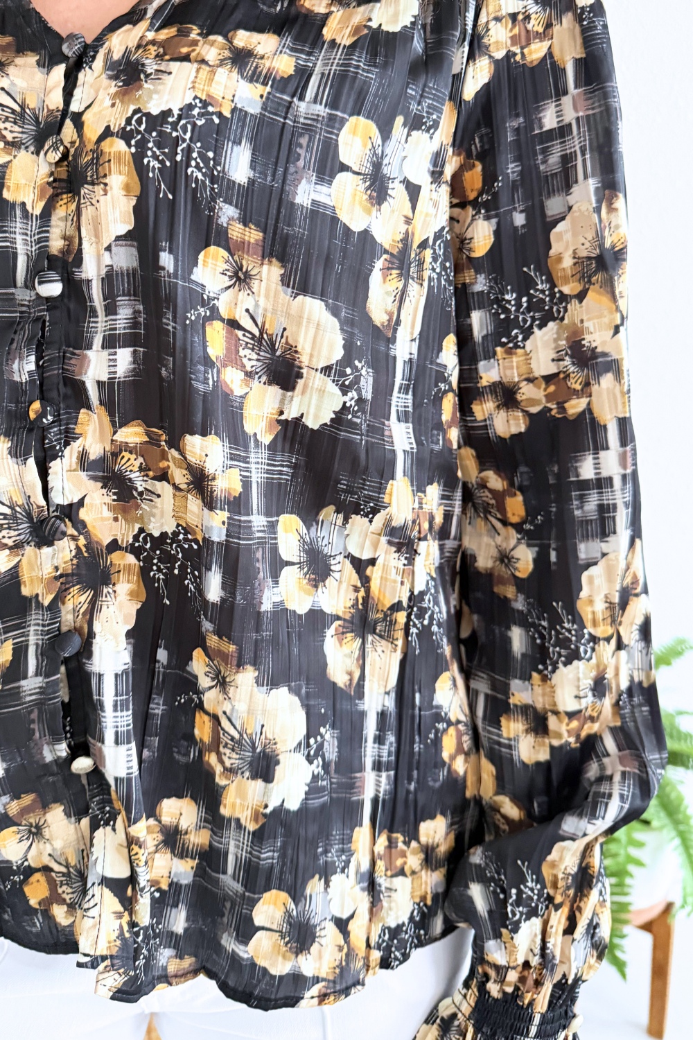 Long Sleeve Button Front Woven Top w/ Smocking