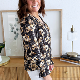 Long Sleeve Button Front Woven Top w/ Smocking