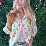 Long Sleeve Floral Pattern Tassel Top