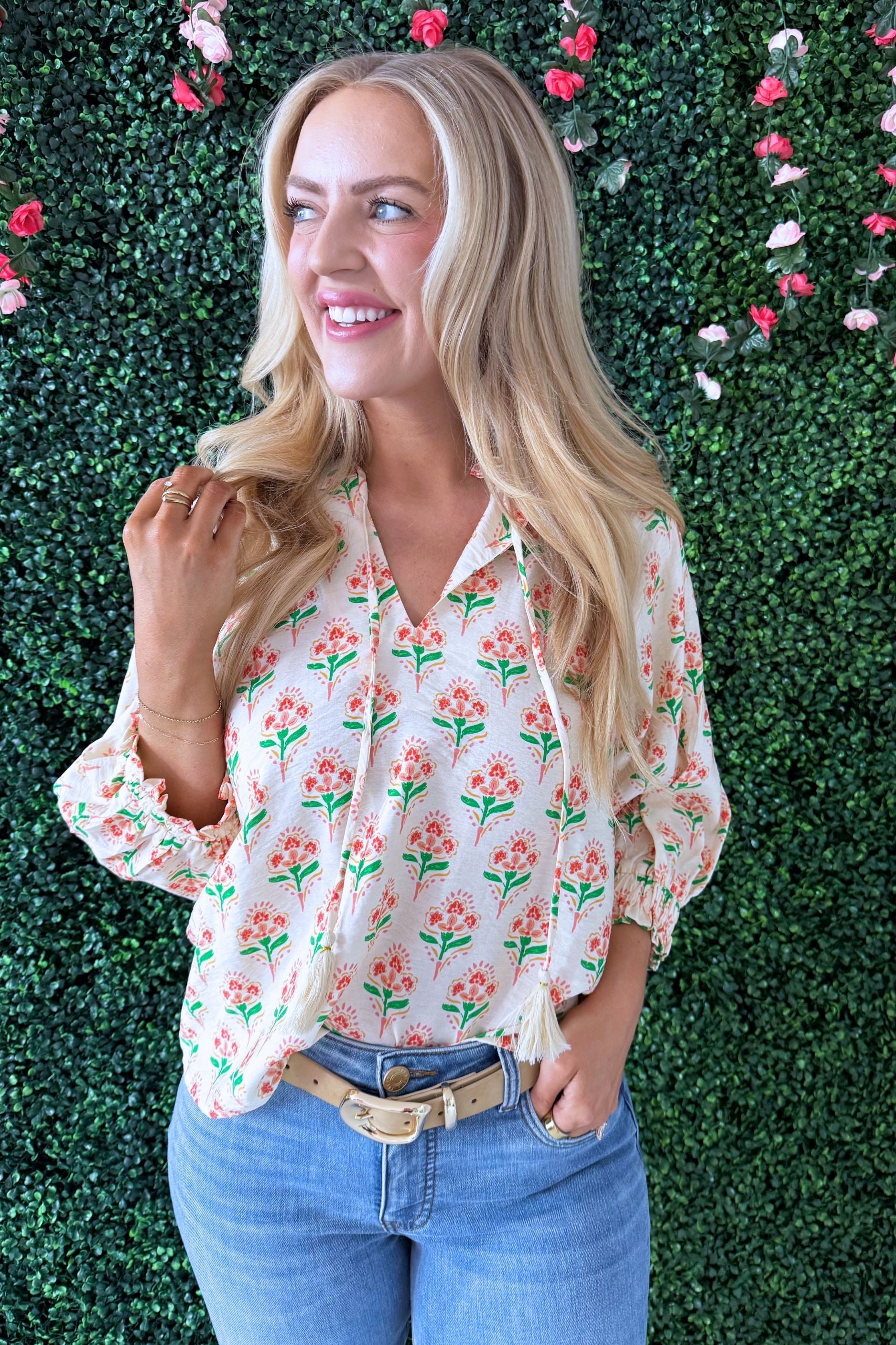 Long Sleeve Floral Pattern Tassel Top