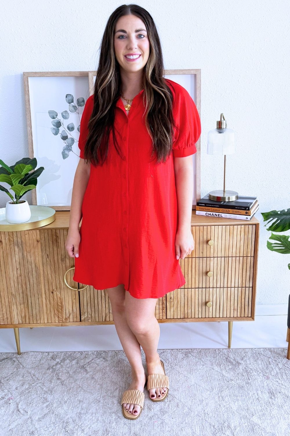Short Sleeve Button Down Mini Dress w/ Pockets Large / Red