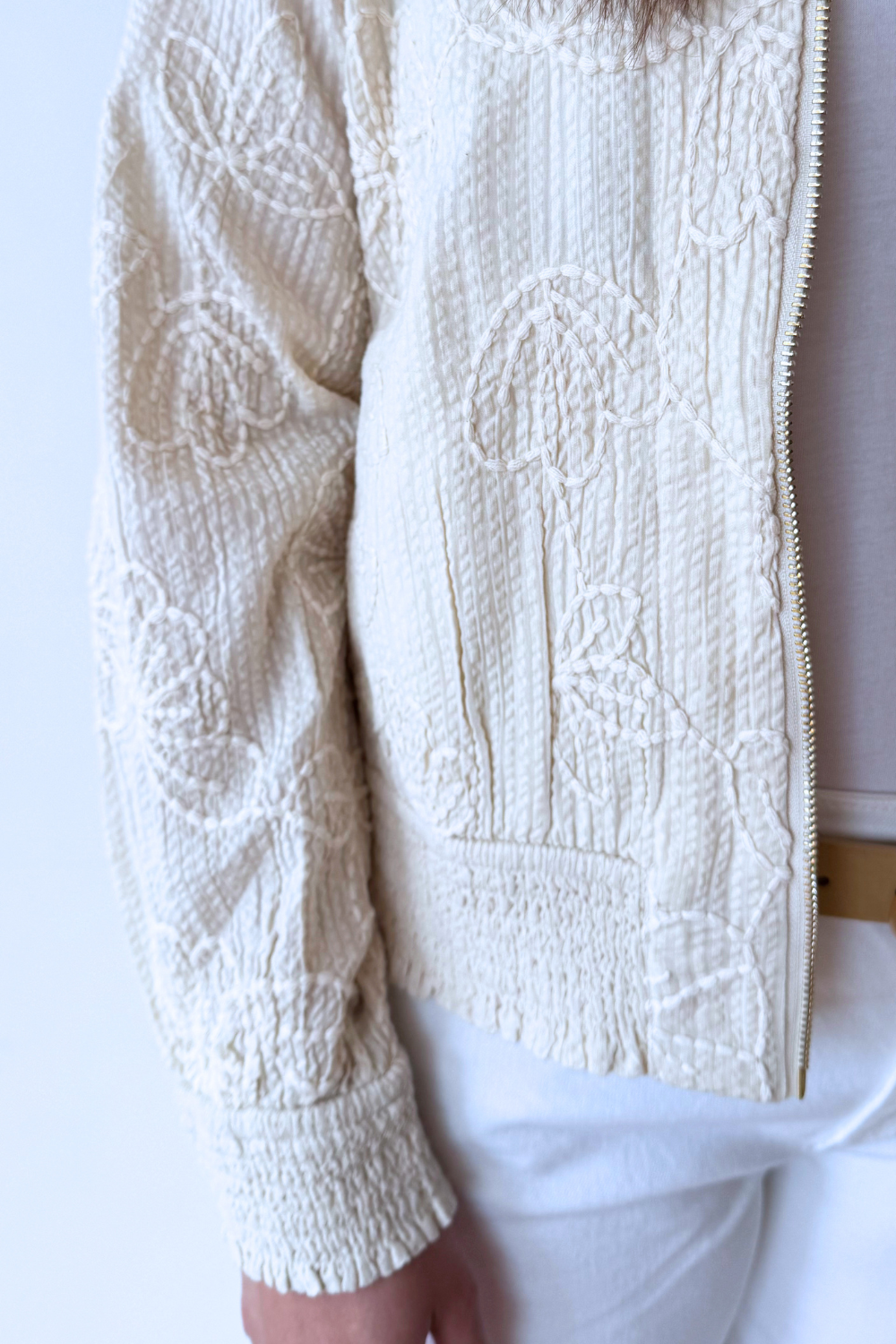 Long Sleeve Collarless Jacket w/ Smocking