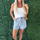 Washed Denim Shorts w/ Elastic Waistband