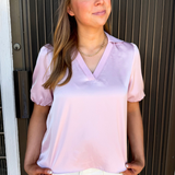 Collared Puff Sleeve Collared V-Neck Blouse