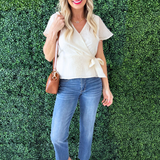 Short Sleeve Wrap Front Woven Top w/ Tie