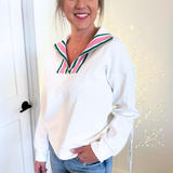 Novelty Ribbed Knit Trim Zip Pullover