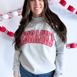 Red Gingham Nebraska Applique Grey Mockneck