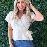 Short Sleeve Wrap Front Woven Top w/ Tie