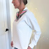 Novelty Ribbed Knit Trim Zip Pullover