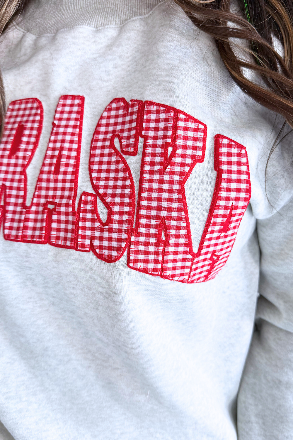 Red Gingham Nebraska Applique Grey Mockneck