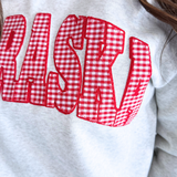 Red Gingham Nebraska Applique Grey Mockneck