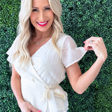 Short Sleeve Wrap Front Woven Top w/ Tie