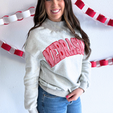 Red Gingham Nebraska Applique Grey Mockneck