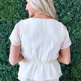 Short Sleeve Wrap Front Woven Top w/ Tie
