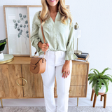 3/4 Sleeve Button Front Woven Embroidered Top