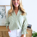3/4 Sleeve Button Front Woven Embroidered Top