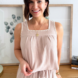 Embroidered Soft Linen Blend Square Neck Tank