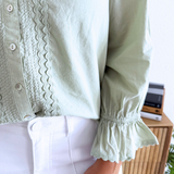 3/4 Sleeve Button Front Woven Embroidered Top