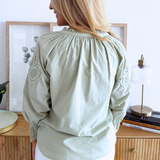 3/4 Sleeve Button Front Woven Embroidered Top