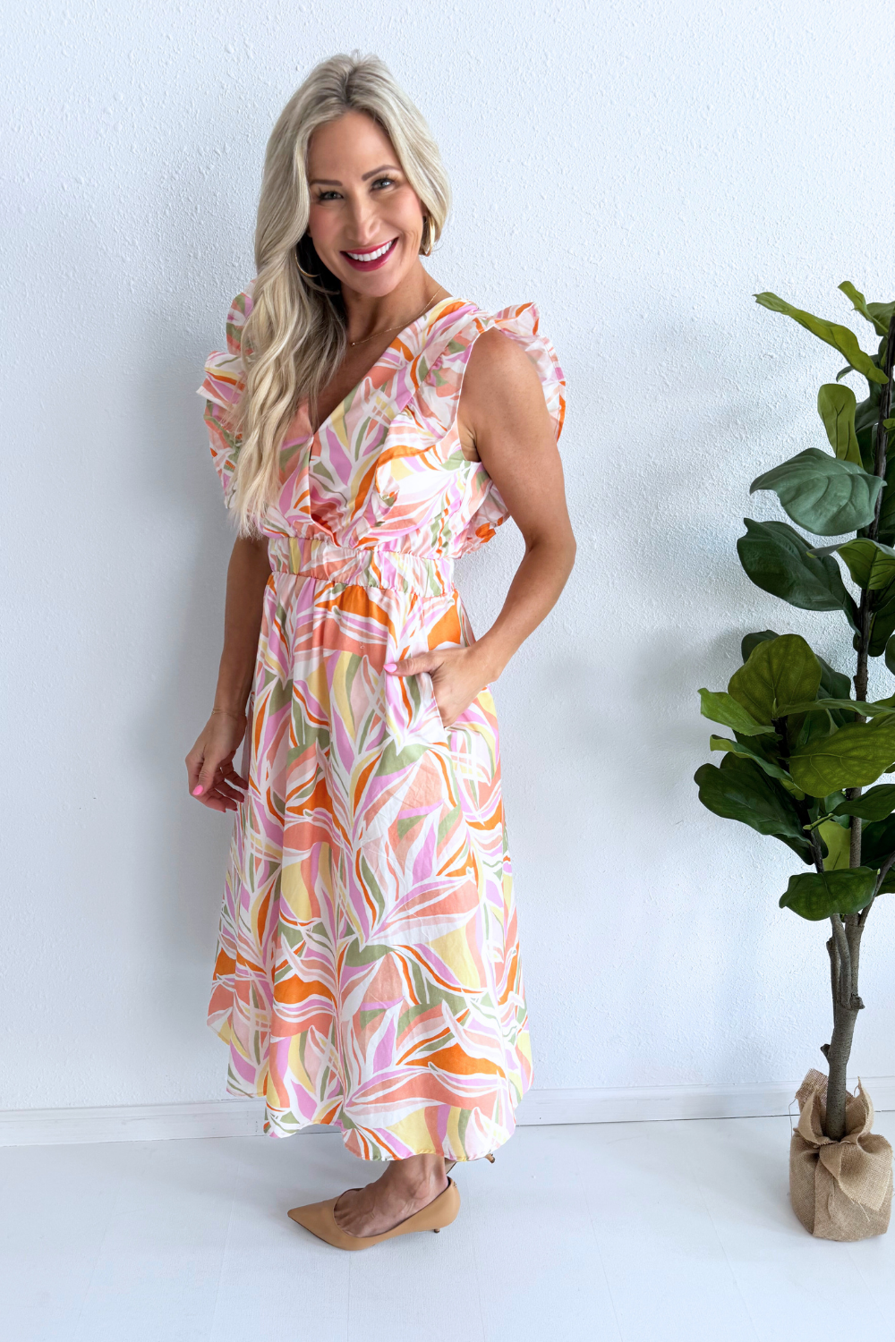 Flutter Sleeve V-Neck Midi Dress - The 308 Boutique