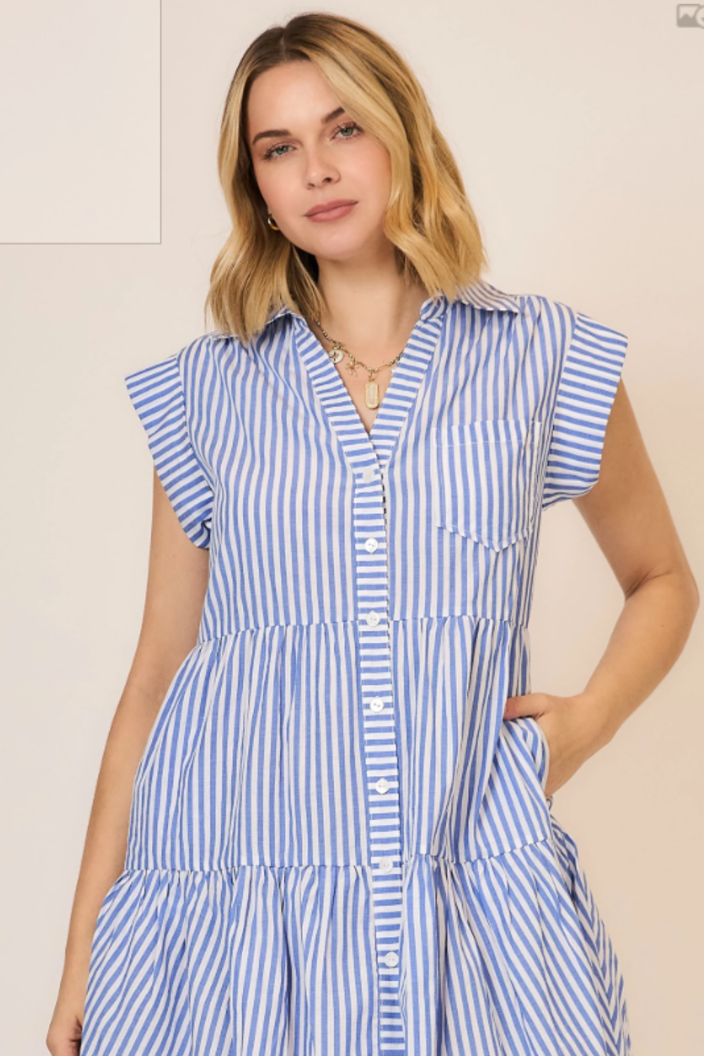 Striped Cap Sleeve Tiered Button Down Mini Dress