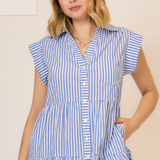 Striped Cap Sleeve Tiered Button Down Mini Dress