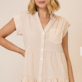 Striped Cap Sleeve Tiered Button Down Mini Dress