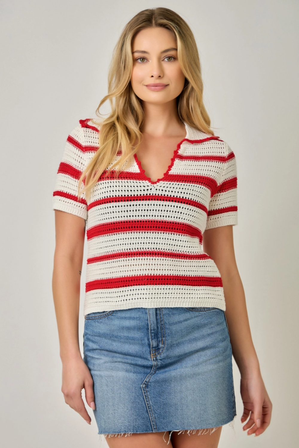 Striped Crochet Polo Top