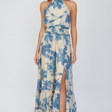 Bold Floral Print Tie Black Halter Neckline Maxi Dress