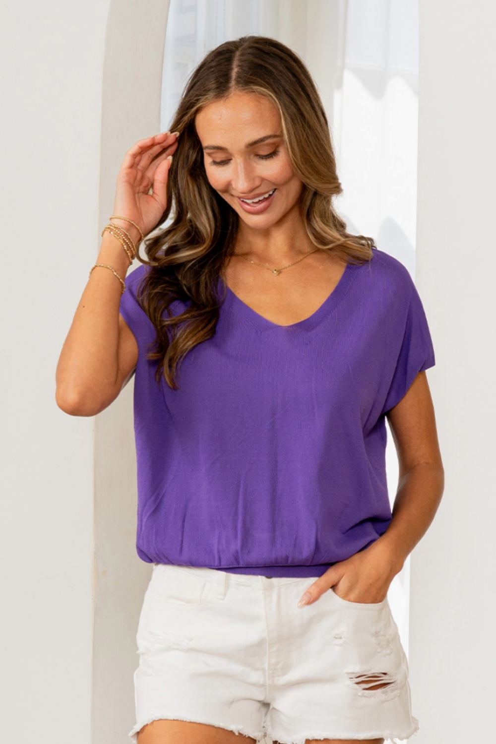 Relaxed Fit Short Sleeve V Neck Top - The 308 Boutique