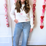Bow Embroidery Crew Neck Long Sleeve Pullover Sweater