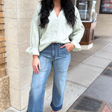 3/4 Sleeve Button Front Woven Embroidered Top