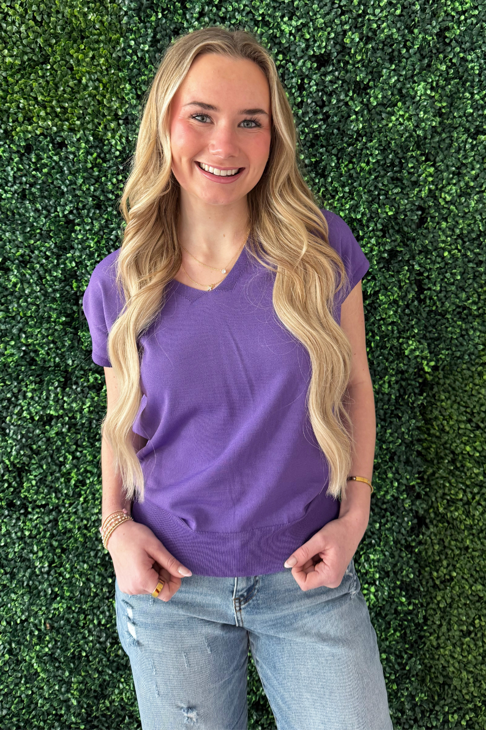 Relaxed Fit Short Sleeve V Neck Top