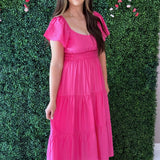 V Neck Raglan Flutter Sleeve Solid Tiered Maxi Dress