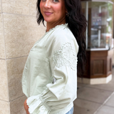 3/4 Sleeve Button Front Woven Embroidered Top