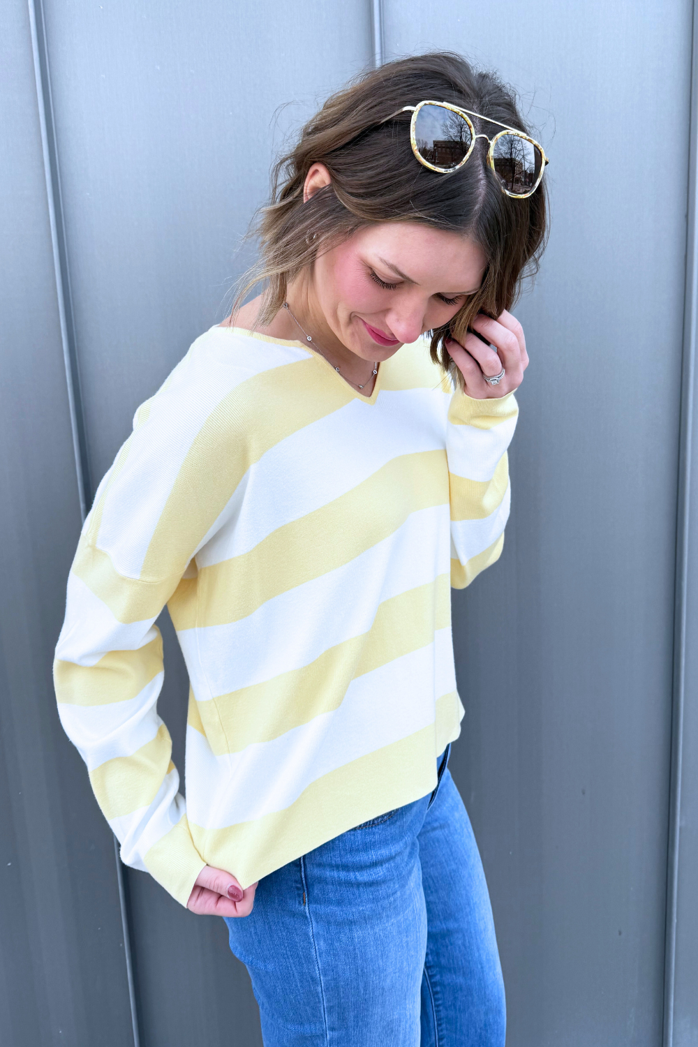 Striped Notch Neck Knit Sweater - The 308 Boutique